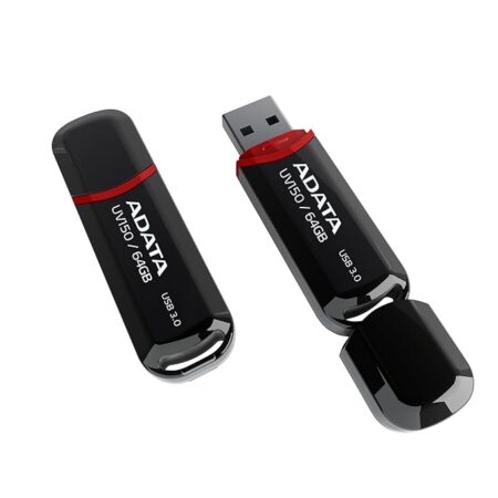 ADATA UV150 64GB USB 3.0 Snap-on Cap Flash Drive, Upto 100 MB/s R- Black (AUV150-64G-RBK)